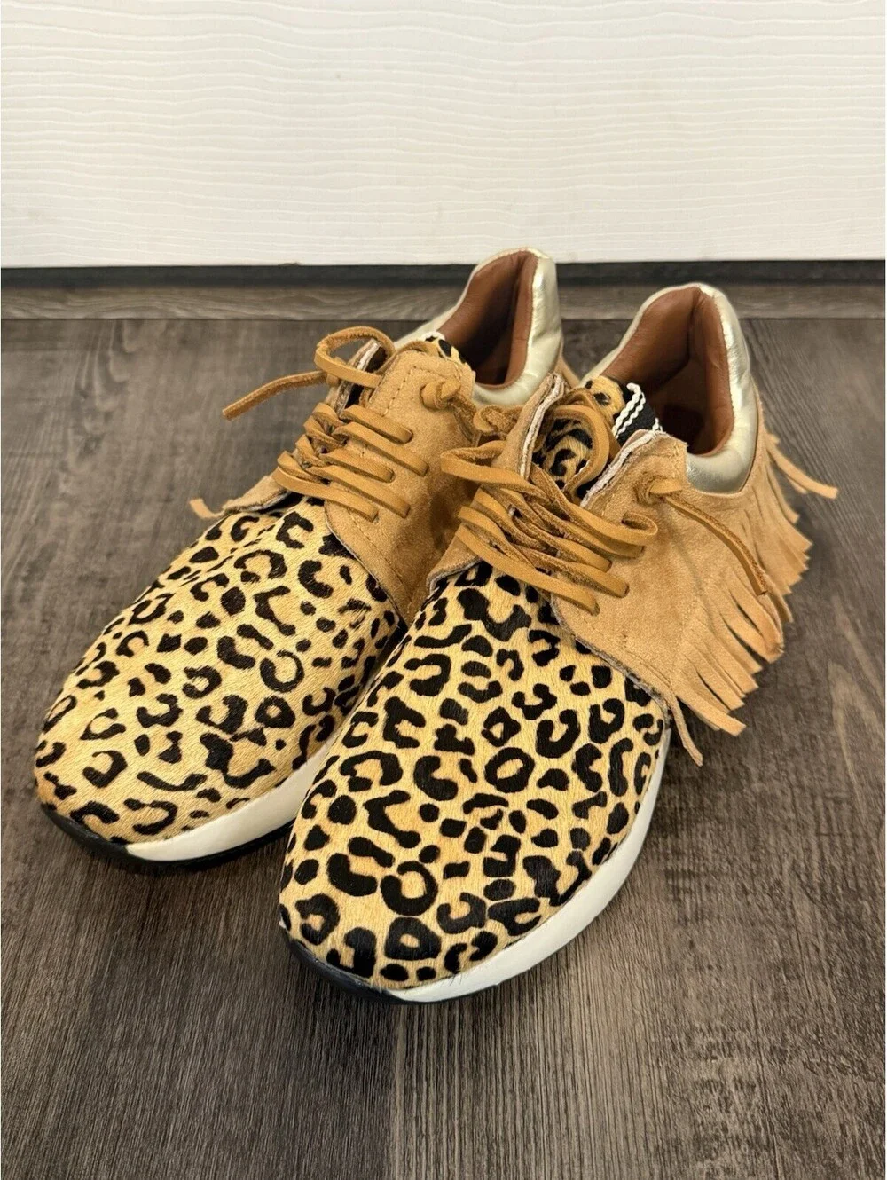 ShuShop Pepa Leopard Tan Fringe Trim Leather Lace Sneakers Size 7.5 Womens